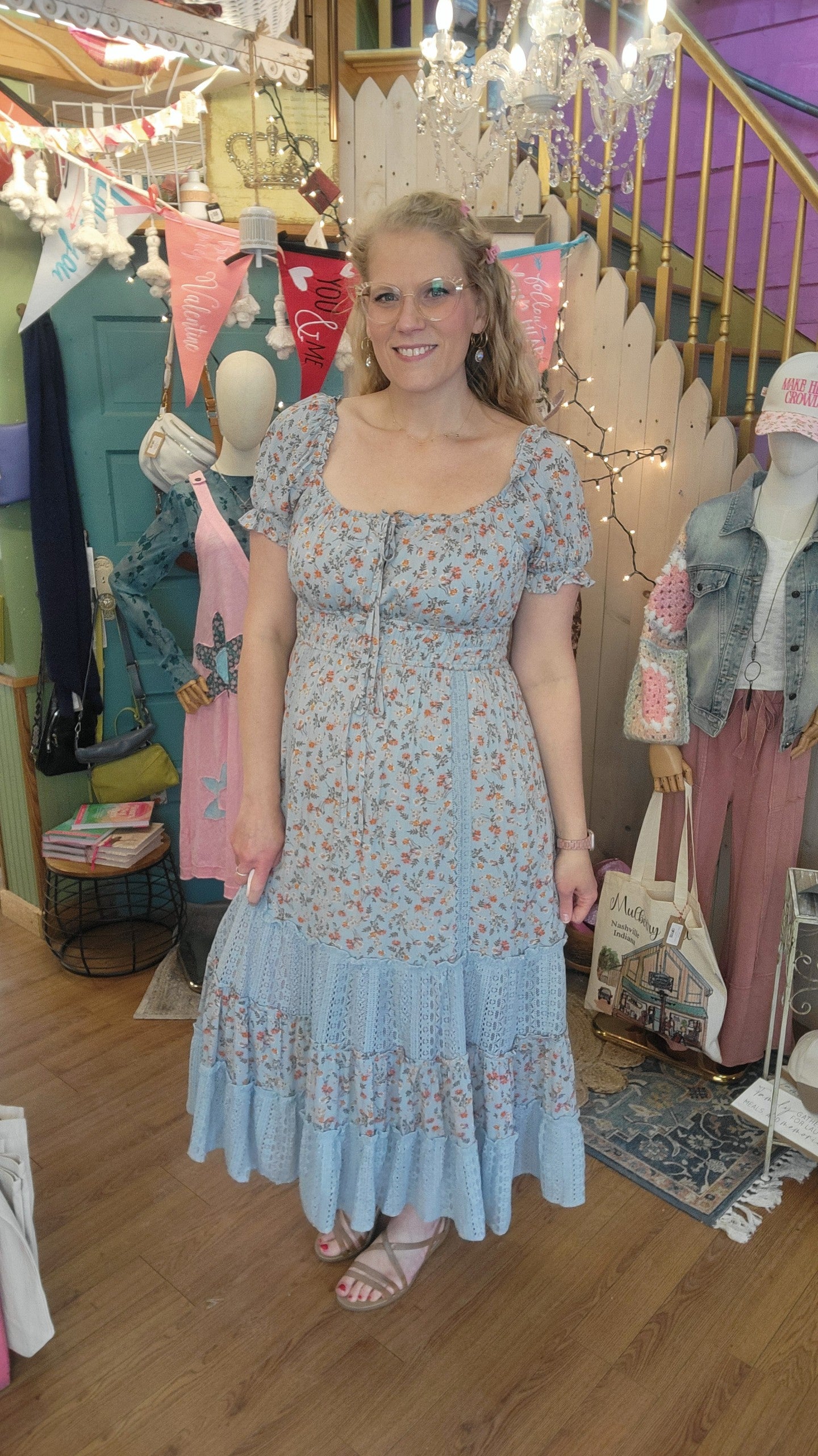 Floral Smocked Peasant Dress-Blue | Mulberry Cottage
